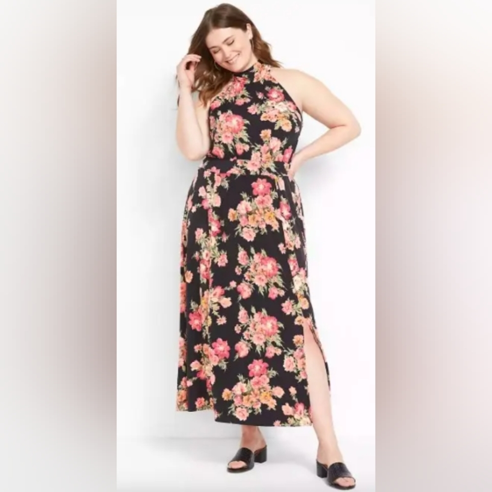 Lane Bryant Flower Sleeveless Tie-Halter Maxi Dress